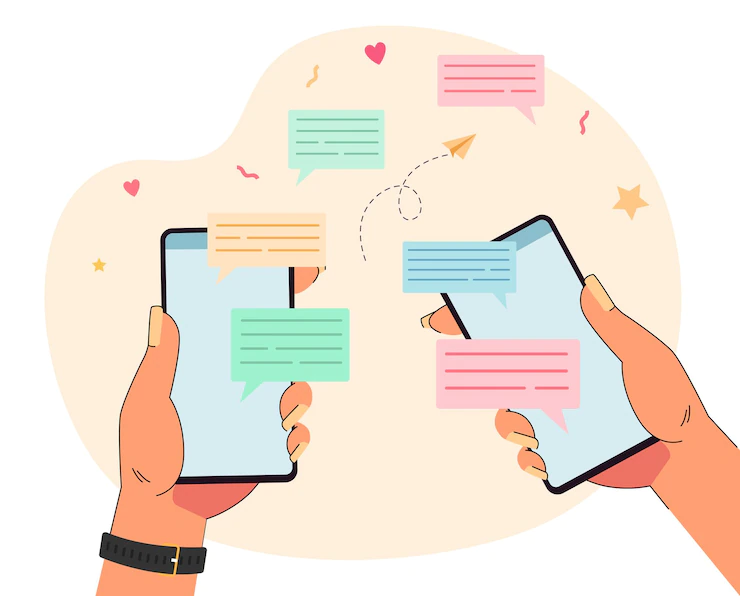 two hands holding phones with messages speech bubbles people chatting through mobile app flat vector illustration communication network social media concept banner landing web page 74855 25390